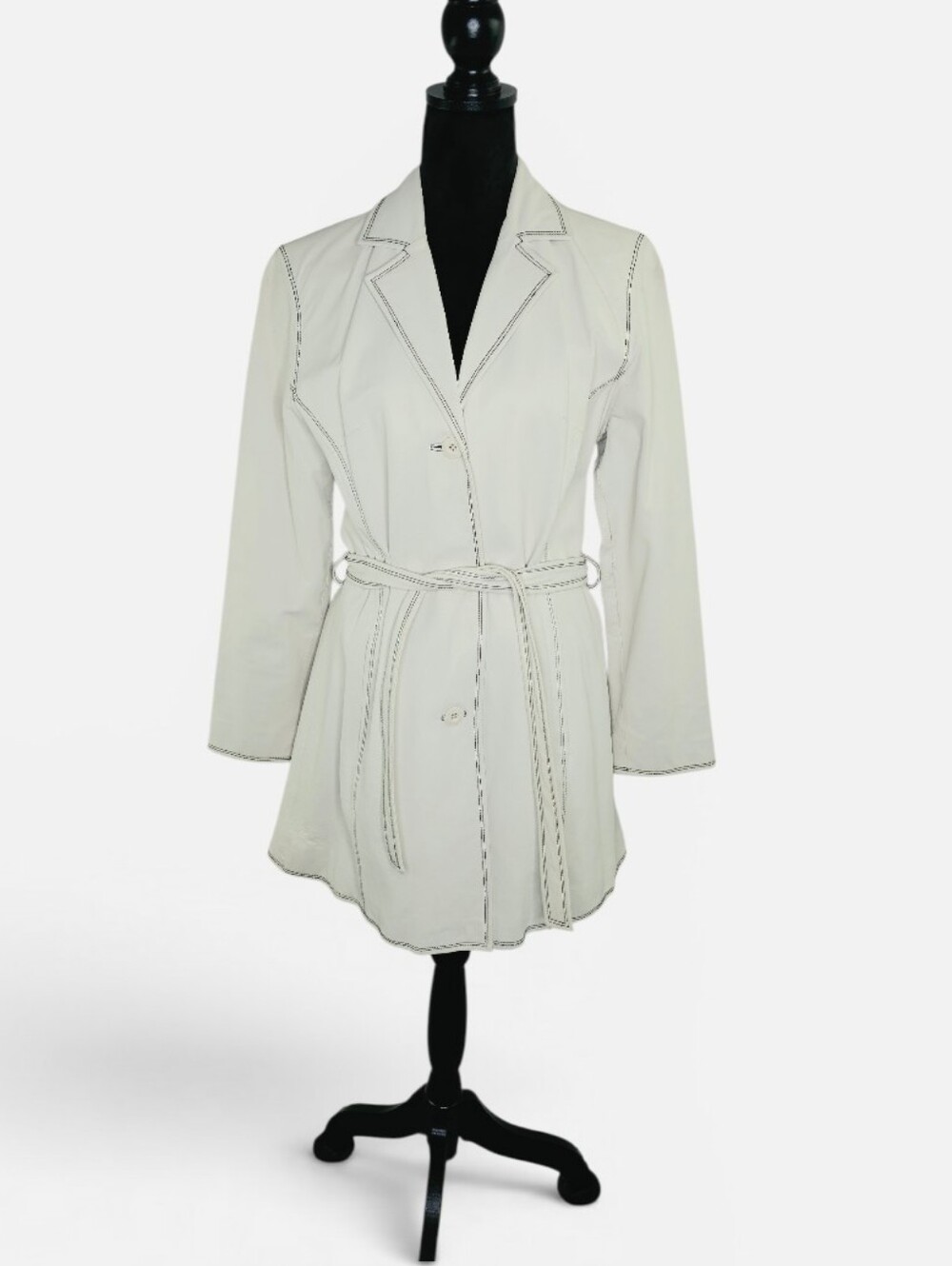 Wilsons Leather 1990's Vintage cream/white mid-length trench Belted jacket Large